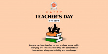 Teacher's Day greeting banner with the Auroville Institute of Applied Technology logo at the top. Text reads 'Happy Teacher's Day – 5th Sept.' Illustration shows a teacher with two students sitting on a stack of books colored like the Indian flag. Below is a message: 'Anyone can be a teacher not just in classrooms, but in everyday life. This Teachers’ Day, let’s celebrate all the mentors who guide us in big and small ways.