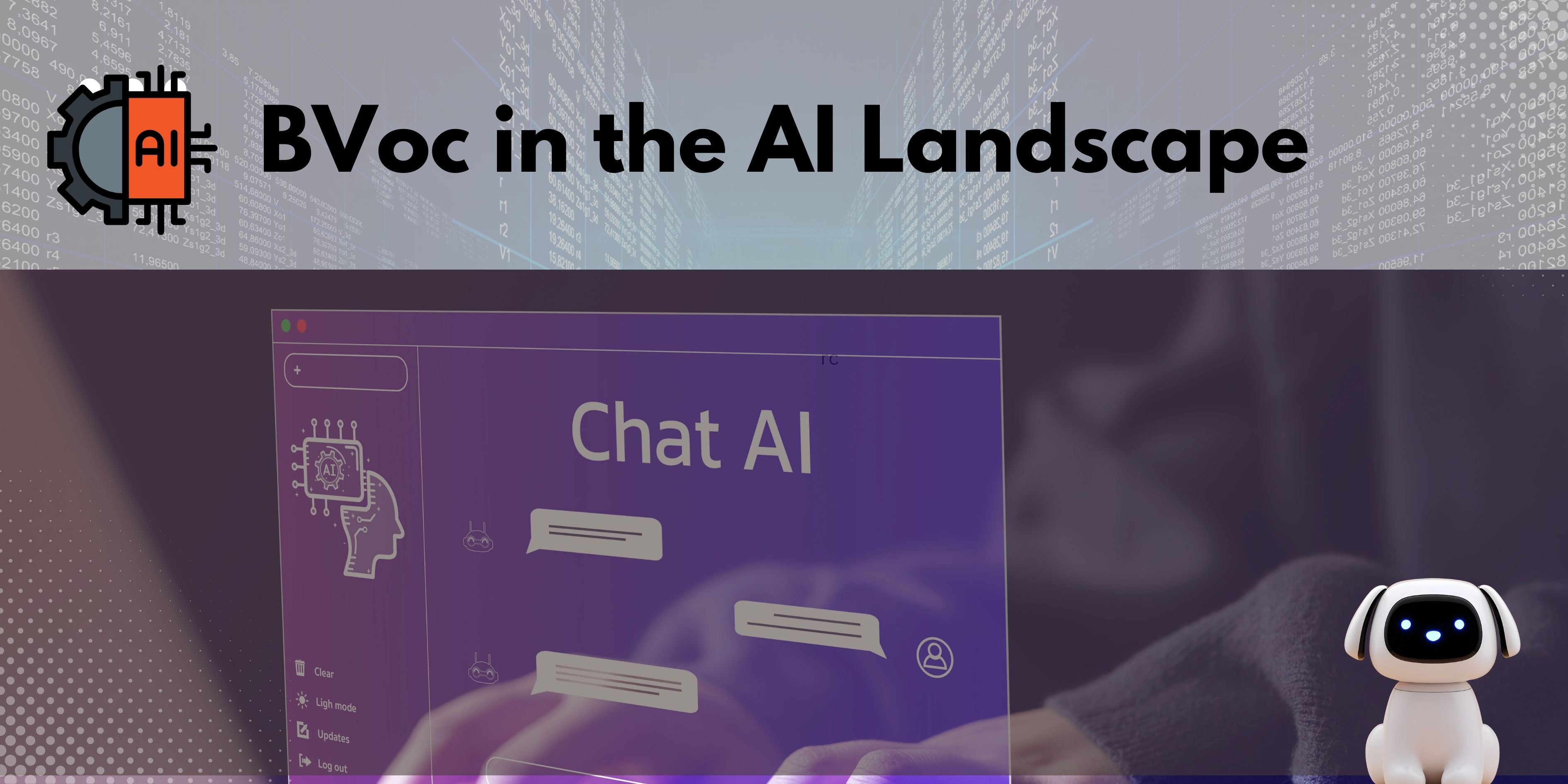 Poster with the title 'BVoc in the AI Landscape' featuring a circuit and AI chip icon, a futuristic chat AI interface with speech bubbles, and a small white robot with glowing blue eyes.