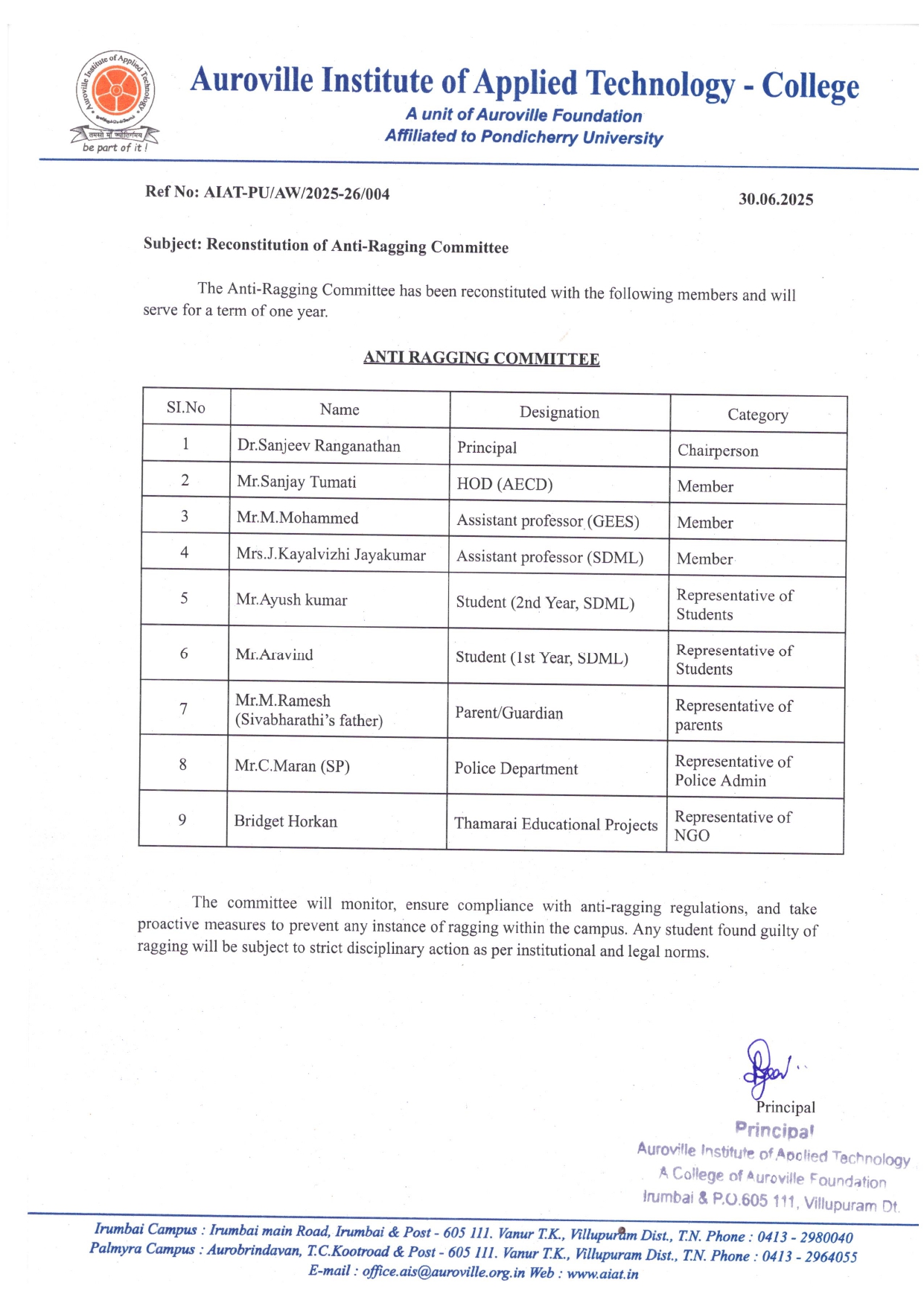 Anti Ragging Comittee