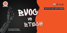 BVoc vs BTech graphic with robotic hand, Auroville Institute and Skill India logos, highlighting practical, skill-based learning.