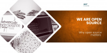 Promotional banner for AIAT College with the title 'We Are Open Source – Why open source matters'. The left side features images arranged in diamond shapes, including hands reaching out, code on a laptop screen, a word cloud with terms like 'Software', 'Code', 'Open Source', and a connected globe network graphic. The right side has a textured orange background with the main text.