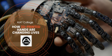 A blog banner from AIAT College with the title "How 3D-Printed Hands Are Changing Lives," highlighting a positive technology initiative.
