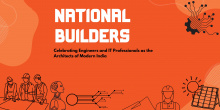 Orange banner with bold white text 'National Builders' and black subtext 'Celebrating Engineers and IT Professionals as the Architects of Modern India'. The design includes line art of engineers, a robot, solar panels, and circuit patterns symbolizing technology and innovation.