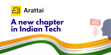 Banner featuring the Arattai logo with the tagline ‘A new chapter in Indian Tech.’ Below the text is a flowing ribbon in the colors of the Indian flag—saffron, white, and green. On the right side, a speech icon and silhouette represent communication and innovation.