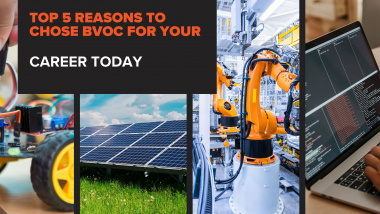 Promotional banner with the text: 'Top 5 Reasons to Chose BVOC for Your Career Today'. The image is divided into sections showing different fields of technology: a hand working with electronics on a wheeled robot, solar panels in a field, an industrial robotic arm in a factory, and a person typing code on a laptop.