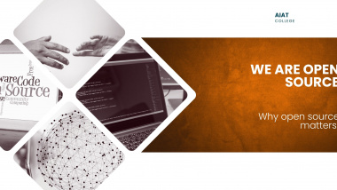 Promotional banner for AIAT College with the title 'We Are Open Source – Why open source matters'. The left side features images arranged in diamond shapes, including hands reaching out, code on a laptop screen, a word cloud with terms like 'Software', 'Code', 'Open Source', and a connected globe network graphic. The right side has a textured orange background with the main text.